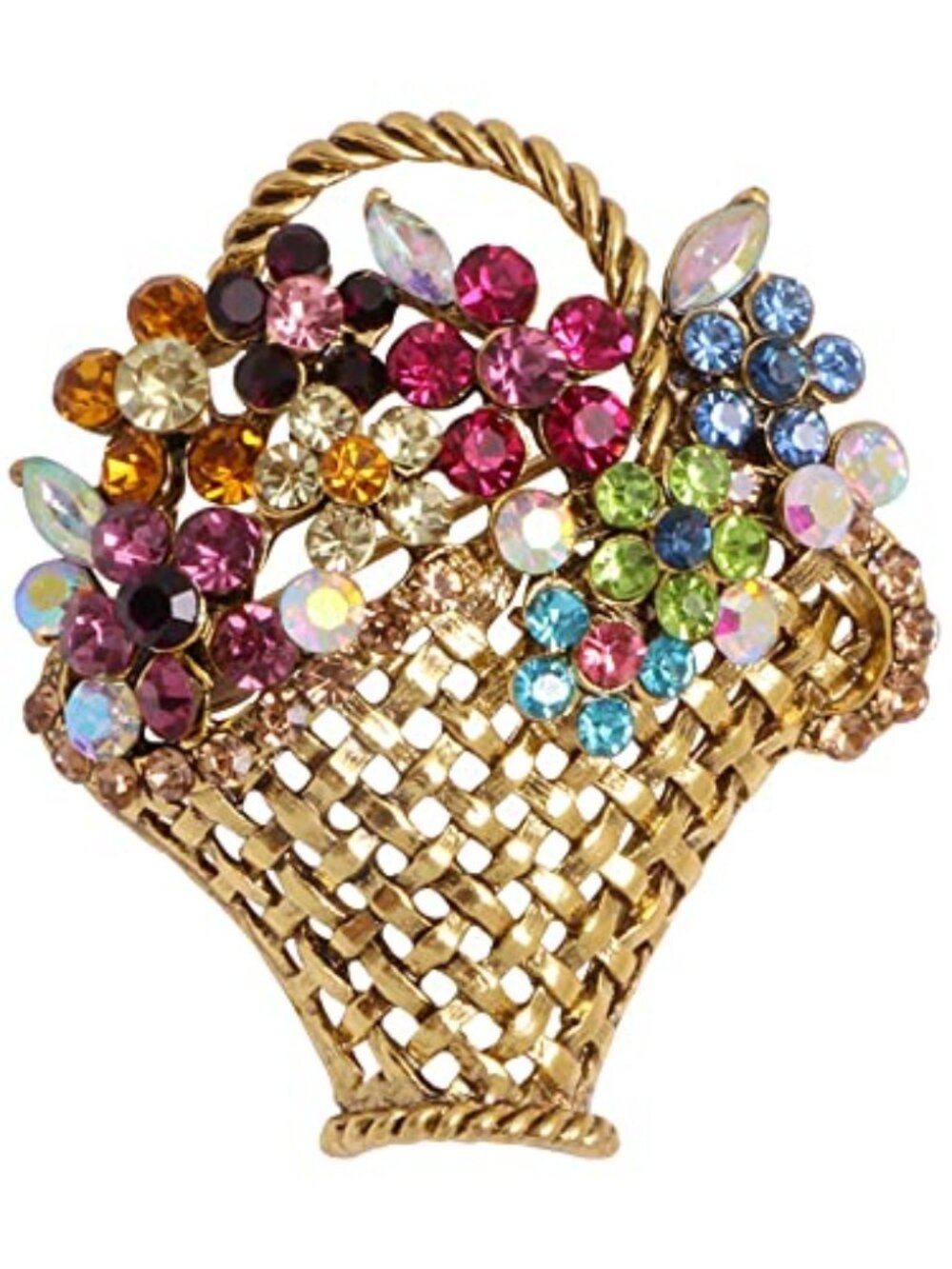 Rhinestone Flower Basket Brooch Pin for Women Girls Gold Plated Vintage Colorful